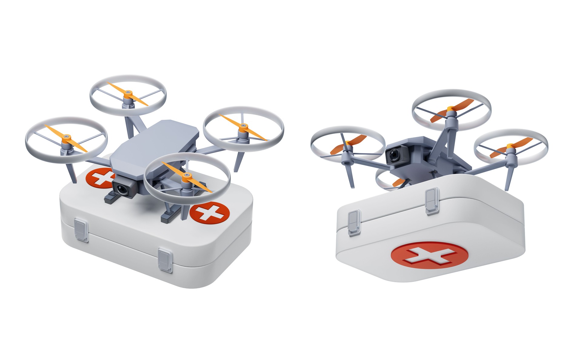 Realistic drone carrying the first aid medical box, 3d rendering.